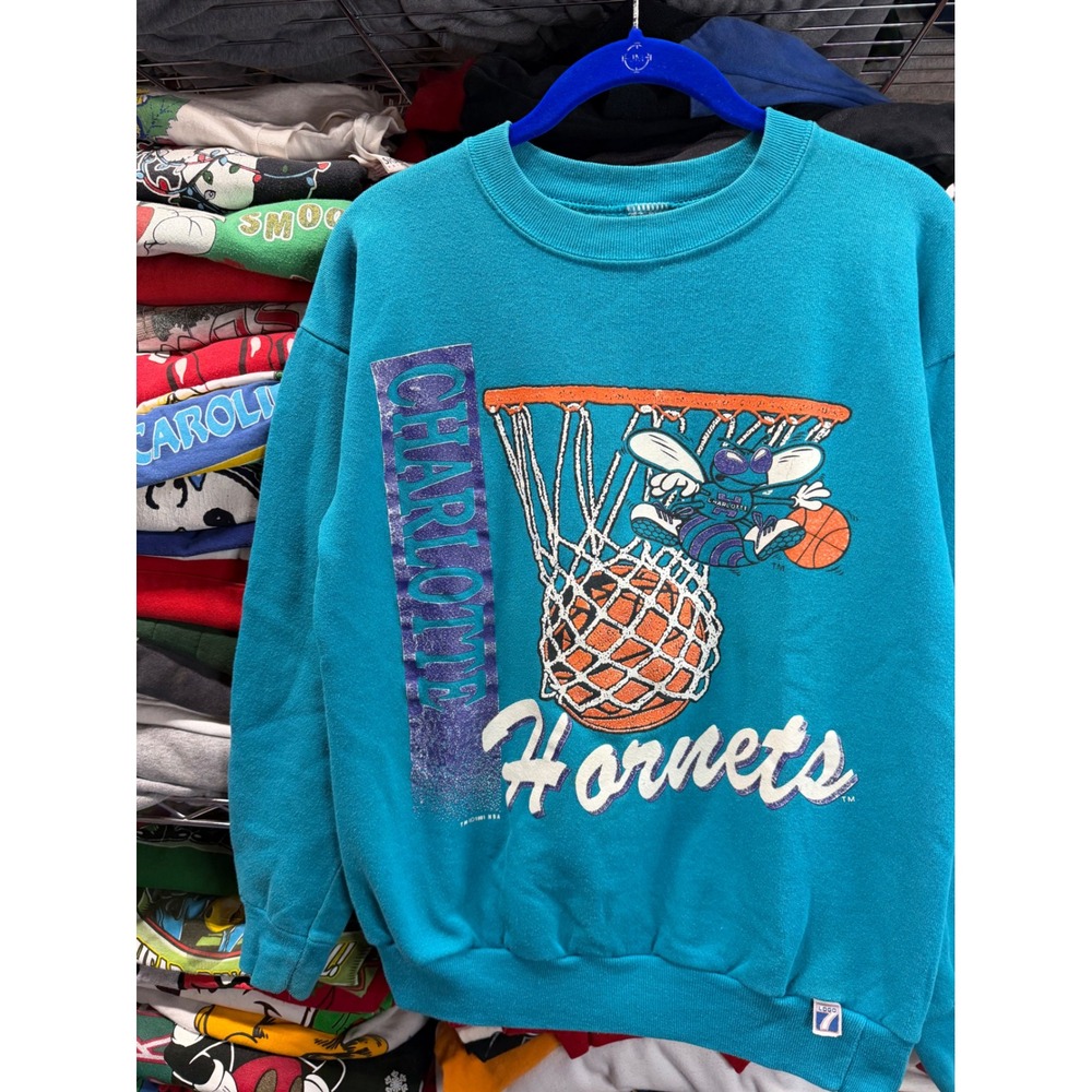 Vintage 1991 Charlotte Hornets Logo 7 Teal NBA Sweatshirt Mens Medium 20x25.5